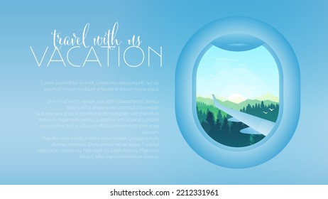 View from airplane. Flight window. Vacation destinations. Adventure. Travel concept of discovering, exploring. Design template with aircraft porthole and mountains landscape in it. Vector illustration