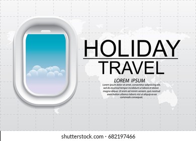 View from airplane. Flight window. Vacation destinations. Tropical sky summer. Flat web vector banner.
