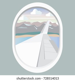 View from airplane. Flight window. Vacation destinations. Mountains view. Flat web vector banner.