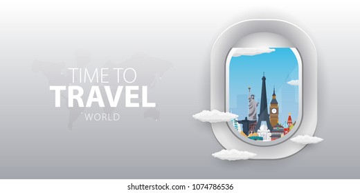View from airplane. Flight window. World. Flat web vector banner