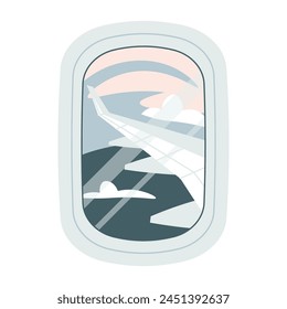 View from the airplane window. Beautiful view of the wing and sky. Vacation, travel around the world. Hand drawn. Colorful flat vector illustration