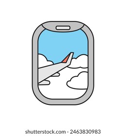 View from airplane window. Flying above the clouds. Vacation illustration clip art. 