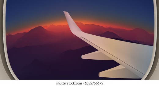 View from the airplane window. Mountain landscape. Panorama high above the mountains. Realistic vector illustration.