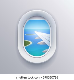 View From Airplane. Window Plane. Vacation Destinations. Summer Holiday. Tropical Beach. Flat Web Vector Illustration