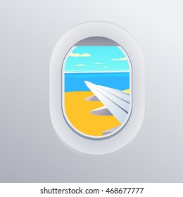 View From Airplane. Window Plane. Vacation Destinations. Summer Holiday. Tropical Beach. Flat Web Vector Illustration