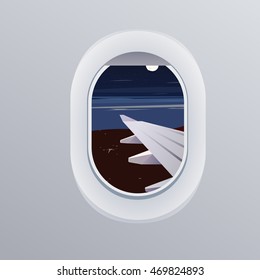 View from airplane. Window plane. Vacation destinations. Summer holiday. Tropical beach. Flat web vector illustration