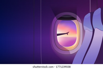 View from airplane window. Wing of an airplane flying above the clouds at sunset. Realistic vector illustration