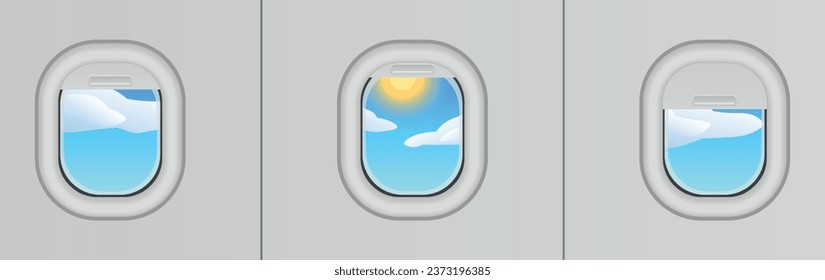 Vista de las ventanas del avión con cielo azul y sol