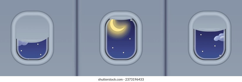 Vista de las ventanas del avión con cielo nocturno