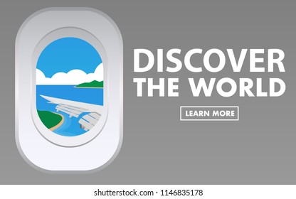 View of airplane(plane) window from inside plane cabin can see plane's wing and tropical island with clear weather-- with copy space for text "discover the world" 