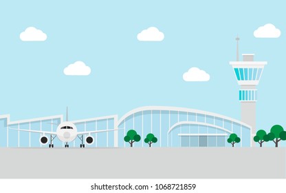 View Of Airport With Air Traffic Control, Airplane Parked In The Ramp With Clear Blue Sky For Wallpaper,background,backdrop