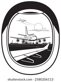 View to airport runway from window of aircraft – vector illustration