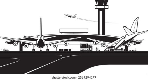 View to airport terminal and aircrafts – vector illustration