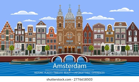 View of Amsterdam with Basilica of Saint Nicholas and typical dutch houses