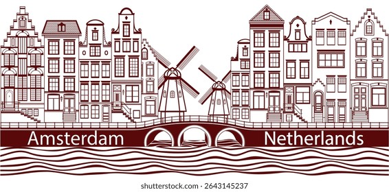 Vista de casas holandesas típicas de Amsterdã em estilo monocolor