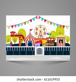 View Of Amusement Park Or Funfair. Creative Kids Carnival Design, Can Be Used As Poster, Banner Or Flyer Design.