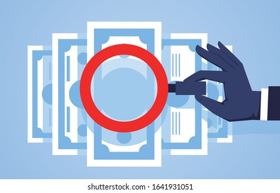 View and analyze, look at money with a magnifying glass