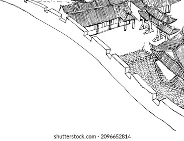 View of the Ancient city from the Great Wall. Hand drawn sketch vector illustration.