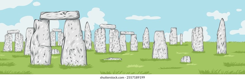 View of Ancient Ruins with Menhir, Cromlech, and Dolmen illustration on background