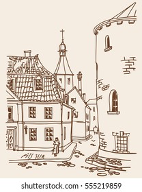 View of the ancient streets of the old town of Riga with a round tower and Cathedral in the distance. Vector.