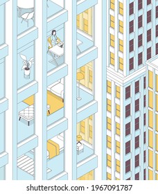 View of the apartment building and the city. Residential building. Woman working. Isometric cityscape, city view, city skyline. Vector illustration in flat design. Outlined, linear style, line art. 