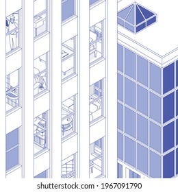 View of the apartment building and the city. Residential building, housing. Man. Isometric cityscape, city view, city skyline. Vector illustration in flat design. Outlined, linear style, line art. 