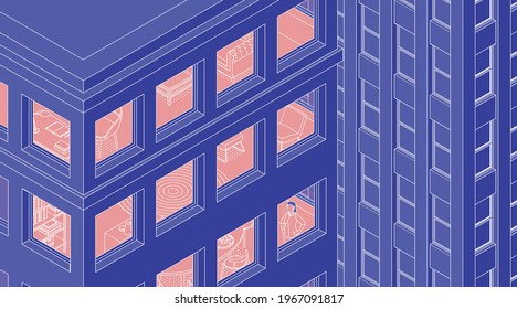 View of the apartment building and the city. Residential building, housing, hotel. Isometric cityscape, city view, city skyline. Vector illustration in flat design. Outlined, linear style, line art. 