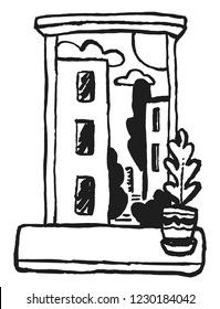 View from apartment window with plant in the pot. Hand-drawn vector illustration made with chinese ink brush