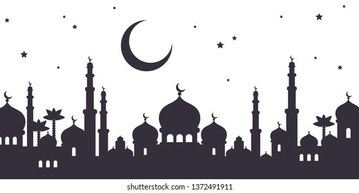 View of arabian city black silhouette with mosque and moon isolated on white background. Night starry sky. Vector illustration.