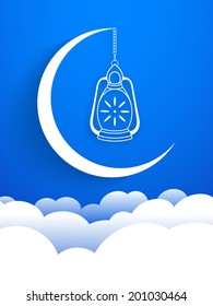 view of a arabic lamp hanging through a white moon above the sky for the celebration of ramadan kareem and eid mubarak and other muslim festivals.