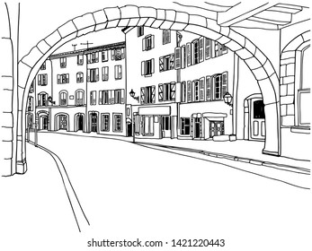 View of the arch and the old street in Provence, France. Urban background in hand drawn sketch style. Ink line drawing. Vector illustration on white