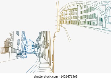 View of the arch and the old street in Provence, France. Urban background in hand drawn sketch style. Ink line drawing. Vector illustration on white