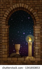 View from the arched stone medieval window. Wine and bread. vector illustration
