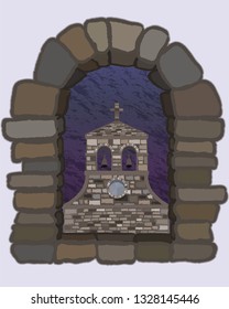 View from the arched stone window of the ancient spanish church in romanesque style, vector illustration