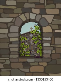 View from the arched stone window  of the ancient medieval  church in visigothic style and olive tree, vector illustration