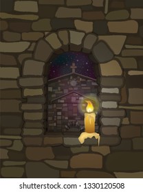 View from the arched stone window with candle of the ancient medieval  church in visigothic style, vector illustration