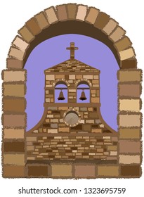 View from the arched stone window of the medieval  church in romanesque style, vector illustration