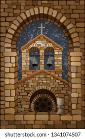 View from the arched stone window of the medieval spanish church in romanesque  style and cup of wine, vector illustration