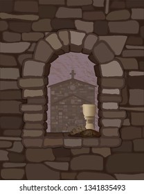 View from the arched stone window of the medieval  church in visigoths style and cup of wine with black bread, vector illustration