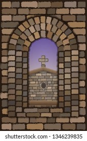 View from the  arched stone window of the medieval  church in visigothic style, vector illustration