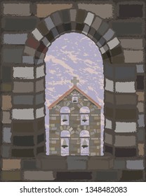 View from the arched stone window of the old medieval spanish church in visigothic style, vector illustration