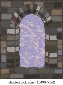 View from the arched stone window  in visigothic style, vector illustration