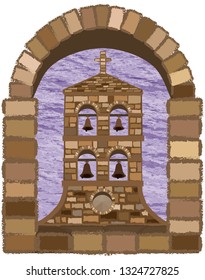 View from the arched window of the ancient medieval  church in romanesque style, vector illustration