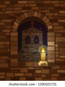 View from the arched window with candle of the ancient medieval  church in romanesque style, vector illustration