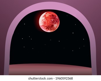 a view from an arched window into outer space, where a red planet is located against a background of stars, a drawing for photo wallpaper or prints on the walls, as well as for fantastic illustrations