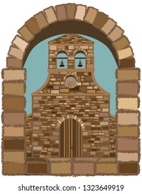View from the arched window of the medieval spanish church in romanesque style, vector illustration