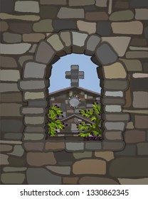 View from the arched  window of the old medieval church in visigothic style and olive tree, vector illustration