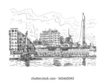  View of the Art Bay from seaside. Sevastopol, Crimea, Russia. Sketch by hand. Vector illustration.