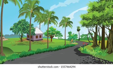 View of the Asian village on the drawn curved path vector illustration