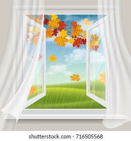 View of autumn landscape with falling leaves through an open window.